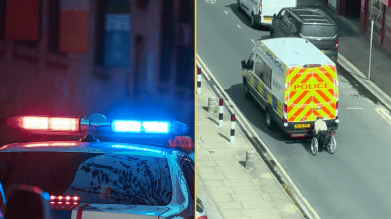 Footage shows wheelchair user ‘hitching a ride’ on back of police van Footage shows wheelchair user ‘hitching a ride’ on back of police van