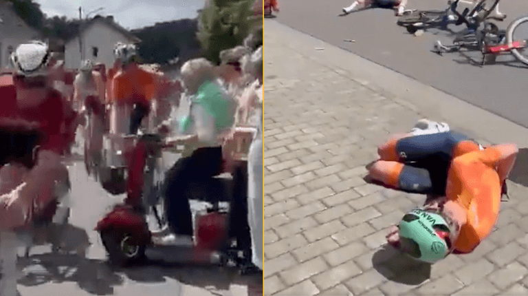 Horrific moment pensioner in mobility scooter causes spectacular crash during cycling race Horrific moment pensioner in mobility scooter causes spectacular crash during cycling race