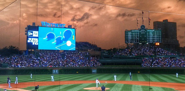 Sunset over Chicago's Wrigley Field, home of the Cubs