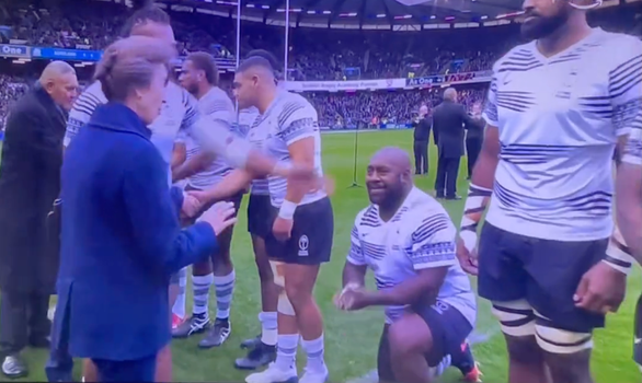 Fiji Rugby Players Respectfully Kneel For Princess Anne Before Scotland Match