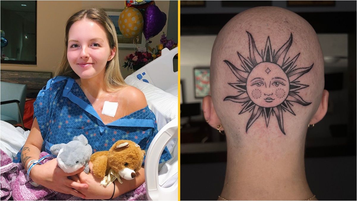 Woman gets giant head tattoo as a F you to cancer after losing her hair  to the disease